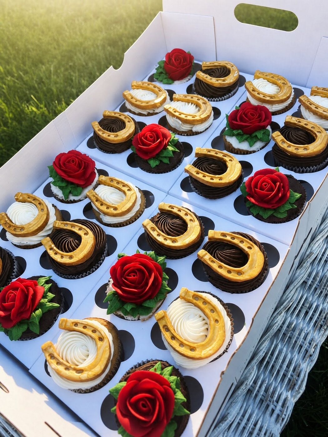 Chocolate cupcakes with red roses and gold horseshoes